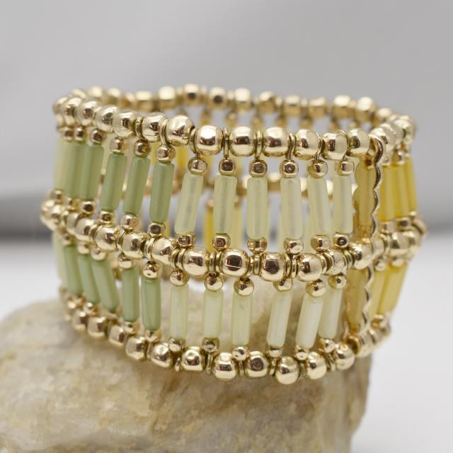 Gold Tone and Green Yellow Tube Beaded Wide Stretch Bracelet